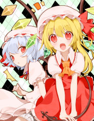 Rule 34 | 2girls, ^^^, argyle, argyle background, argyle clothes, ascot, bat wings, blonde hair, bloomers, blue hair, brooch, dyumo (moffri), fang, female focus, flandre scarlet, hat, hat ribbon, jewelry, laevatein, looking at viewer, mob cap, moffri, multiple girls, open mouth, puffy sleeves, red eyes, remilia scarlet, ribbon, shirt, short sleeves, siblings, side ponytail, sisters, skirt, skirt set, slit pupils, smile, surprised, touhou, underwear, v arms, wings