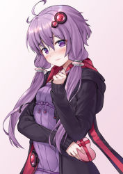Rule 34 | 1girl, ahoge, arm across waist, black jacket, blush, box, closed mouth, commentary request, covered navel, dress, frown, gift, gift box, gradient background, grey background, hair between eyes, hair ornament, heart-shaped box, highres, holding, holding gift, hood, hood down, hooded jacket, jacket, long sleeves, looking at viewer, nose blush, open clothes, open jacket, pink background, playing with own hair, purple dress, purple eyes, purple hair, short hair with long locks, sidelocks, sleeves past wrists, solo, tenneko yuuri, upper body, valentine, voiceroid, yuzuki yukari