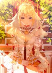 Rule 34 | 10s, 1girl, absurdres, ahoge, arm strap, arms at sides, bare shoulders, belt, belt buckle, belt skirt, blonde hair, blush, bodysuit, breasts, brick wall, bridal veil, buckle, chain, chain necklace, cleavage, closed mouth, collar, cowboy shot, detached collar, detached sleeves, fate/extra, fate/extra ccc, fate (series), flower, flower wreath, full-length zipper, garter belt, garter straps, gluteal fold, green eyes, hair between eyes, hair intakes, head wreath, highleg, highleg leotard, highres, jewelry, junpaku karen, leaf, lens flare, leotard, light particles, light smile, lock, long sleeves, looking at viewer, medium breasts, necklace, nero claudius (bride) (fate), nero claudius (bride) (second ascension) (fate), nero claudius (fate), nero claudius (fate) (all), outdoors, padlock, parted bangs, petals, pillar, puffy detached sleeves, puffy sleeves, see-through, shade, short hair, short hair with long locks, showgirl skirt, sidelocks, skirt, sleeves past wrists, smile, solo, standing, sunlight, thighhighs, turtleneck, veil, white bodysuit, white flower, white leotard, white skirt, white thighhighs, wide sleeves, zipper, zipper pull tab