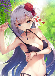 Rule 34 | 1girl, akanebi, alternate costume, arm under breasts, armpits, azur lane, bangle, bare shoulders, bikini, bikini in mouth, bikini tug, blue eyes, blush, bracelet, breasts, choker, cleavage, closed mouth, clothes in mouth, collarbone, commentary request, day, flower, groin, hair flower, hair ornament, highres, jewelry, large breasts, long hair, looking at viewer, mole, mole under eye, mouth hold, nail polish, navel, outdoors, red nails, revision, shoukaku (azur lane), side-tie bikini bottom, sidelocks, silver hair, skindentation, smile, solo, stomach, swimsuit, tree, untied bikini, wet