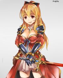 Rule 34 | 1girl, armor, artist name, black bow, blonde hair, bow, breasts, cleavage, commentary, cowboy shot, dated, dress, gauntlets, granblue fantasy, grey background, hair between eyes, hair bow, holding, holding sword, holding weapon, kazetuki, large breasts, long hair, looking at viewer, parted lips, ponytail, red dress, red eyes, shoulder armor, simple background, smile, solo, standing, sword, thighhighs, third-party source, very long hair, vira (granblue fantasy), weapon