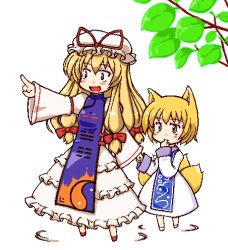 Rule 34 | 2girls, aged down, animal ears, blonde hair, blush stickers, chibi, dress, female focus, finger to mouth, fox ears, fox tail, full body, hat, holding hands, multiple girls, multiple tails, nature, no headwear, plant, pointing, sige, tail, touhou, white background, yakumo ran, yakumo yukari