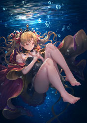 Rule 34 | 1girl, absurdres, air bubble, bare arms, bare legs, bare shoulders, barefoot, black dress, black nails, black panties, blonde hair, bow, breasts, bubble, cleavage, closed mouth, commentary request, detached collar, dress, earrings, ereshkigal (fate), fate/grand order, fate (series), feet, frown, full body, fur trim, hair bow, highres, huge filesize, jewelry, kazuki seto, long hair, looking at viewer, medium breasts, nail polish, own hands together, panties, parted bangs, purple bow, red eyes, skull, solo, spine, strapless, strapless dress, submerged, tiara, toes, underwater, underwear, upskirt, very long hair