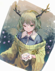 Rule 34 | 1girl, ;), blue shirt, closed mouth, collared shirt, copyright request, dress shirt, flower, green eyes, green hair, green sweater, highres, holding, holding flower, long sleeves, makihitsuji, off-shoulder sweater, off shoulder, one eye closed, shirt, smile, solo, sweater, upper body, white flower, wide sleeves