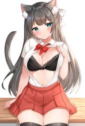 Rule 34 | 1girl, animal ear fluff, animal ears, arm support, black bra, black thighhighs, blue eyes, bow, bowtie, bra, breasts, cat ears, cat girl, cat tail, cleavage, collared shirt, grey hair, highres, katsushika pachi, large breasts, long hair, looking at viewer, miniskirt, navel, open clothes, open shirt, original, pleated skirt, red skirt, shirt, shirt tucked in, short sleeves, simple background, sitting, skirt, solo, tail, thighhighs, underwear, white background, white shirt, zettai ryouiki
