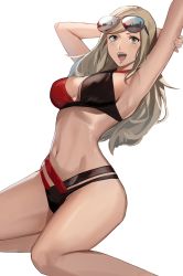 Rule 34 | 1girl, alternate hairstyle, arms up, aviator sunglasses, bikini, blonde hair, blue eyes, breasts, cleavage, eyewear on head, hair down, highres, holding own arm, j@ck, large breasts, long hair, multicolored bikini, multicolored clothes, open mouth, persona, persona 5, sitting, solo, sunglasses, swept bangs, swimsuit, takamaki anne, thighs, white background