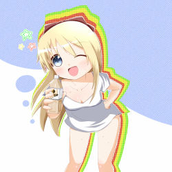 Rule 34 | 1girl, :d, ;d, bad id, bad pixiv id, blonde hair, blue eyes, bow, breasts, casual, collarbone, drink, hair bow, hand on own hip, long hair, natsuyoshi (natsun), one eye closed, open mouth, shirt, small breasts, smile, solo, t-shirt, toshinou kyouko, wink, yuru yuri