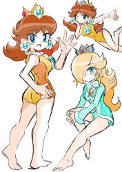 2girls ass barefoot blonde_hair blowing_kiss blue_eyes brown_hair feet hair_over_one_eye hand_on_own_hip highres legs long_hair looking_at_viewer looking_back lying mario_&amp;_sonic_(series) mario_&amp;_sonic_at_the_rio_2016_olympic_games mario_(series) multiple_girls multiple_views nintendo on_side one-piece_swimsuit one_eye_closed open_mouth princess princess_daisy puckered_lips rakugaki_shitagari-ya rosalina short_hair sitting smile swimsuit thighs tongue waving wink