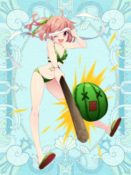 Rule 34 | 1girl, ;d, bikini, blue background, bracelet, breasts, food, fruit, full body, green bikini, hair ribbon, jewelry, kerberos blade, l (matador), looking at viewer, navel, one eye closed, open mouth, red eyes, ribbon, sandals, short hair, simple background, small breasts, smile, solo, standing, swimsuit, watermelon, white ribbon, x x