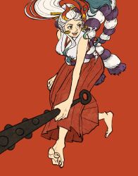 Rule 34 | 1girl, barefoot, club, club (weapon), commentary, earrings, full body, green hair, hakama, hakama pants, highres, holding, holding weapon, horns, japanese clothes, jewelry, kanabou, kimono, looking to the side, multicolored hair, one piece, oooooogu24, open mouth, pants, ponytail, red background, red hakama, rope, running, shimenawa, sidelocks, simple background, sleeveless, sleeveless kimono, smile, solo, weapon, white hair, white kimono, yamato (one piece)