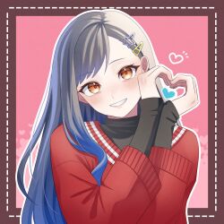 Rule 34 | 1girl, blue hair, commentary, hair ornament, hairclip, hands up, heart, heart hands, highres, long hair, long sleeves, looking at viewer, orange eyes, project sekai, red sweater, shiraishi an, smile, solo, sweater, teeth, upper body, yk62