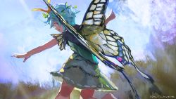 Rule 34 | 1girl, artist name, bare arms, barefoot, blue eyes, blue hair, butterfly wings, dress, eternity larva, from behind, green dress, hair ornament, insect wings, leaf hair ornament, looking at viewer, outdoors, outstretched arms, saltlaver, short dress, smile, solo, touhou, wings
