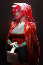 Rule 34 | 1girl, absurdres, animal ears, arm tattoo, bag, breasts, cigarette, ears down, ganet p, hand on own wrist, handbag, highres, holding, holding bag, jacket, jacket on shoulders, japanese clothes, kimono, large breasts, mouth hold, original, ponytail, red eyes, red jacket, solo, tattoo, wolf ears, wolf girl, yukata