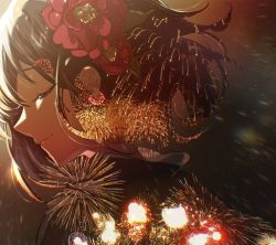 Rule 34 | 1girl, absurdres, aerial fireworks, blurry, bob cut, closed eyes, closed mouth, commentary request, double exposure, eyelashes, fireworks, flower, from behind, from side, highres, ikanaide (vocaloid), japanese clothes, kika, kimono, night, night sky, original, portrait, profile, red flower, short hair, sky, smile, solo, vocaloid, yukata