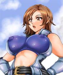 Rule 34 | 1girl, animated, animated gif, artist request, blue sky, breast expansion, breast focus, breasts, bursting breasts, cloud, covered erect nipples, day, female focus, hand on own hip, hands on own hips, hip focus, huge breasts, kazama asuka, looking ahead, lowres, nipples, open mouth, outdoors, see-through, shirt, sky, solo, tekken, tight clothes, tight shirt