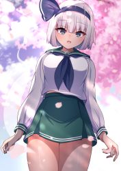 Rule 34 | 1girl, :o, alternate costume, arms at sides, black headwear, blunt bangs, blush, bob cut, breasts, cherry blossoms, commentary request, darumoon, dot nose, eyelashes, ghost, green eyes, green skirt, highres, hitodama, hitodama print, konpaku youmu, konpaku youmu (ghost), large breasts, long sleeves, looking at viewer, miniskirt, open mouth, petals, sailor collar, school uniform, shiny skin, short hair, skirt, smile, solo, standing, thick thighs, thighs, touhou, tree