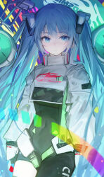 Rule 34 | 1girl, absurdres, asymmetrical bodysuit, black bodysuit, blue eyes, blue hair, bodysuit, boots, closed mouth, commentary, covered navel, cowboy shot, cropped jacket, flame print, goodsmile racing, hatsune miku, highres, jacket, long hair, long sleeves, looking at viewer, mihoranran, race queen, racing miku, racing miku (2022), single leg bodysuit, single thigh boot, single thighhigh, smiley face, solo, text print, thigh boots, thighhighs, twintails, very long hair, vocaloid, white jacket