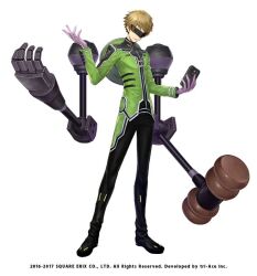 Rule 34 | 1boy, black collar, black footwear, black mask, black pants, blonde hair, cellphone, coat, collar, collared coat, commentary request, copyright notice, covered eyes, eye mask, full body, gloves, green coat, green sleeves, hal (star ocean), hammer, high collar, holding, holding phone, kijimoto yuuhi, long sleeves, machinery, male focus, official art, outstretched arm, pants, parted lips, phone, purple gloves, robot, shoes, short hair, simple background, smartphone, smile, solo, star ocean, star ocean anamnesis, very short hair, white background