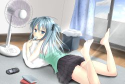 Rule 34 | 1girl, alexmaster, black skirt, blue eyes, blue hair, food, frilled skirt, frills, handheld game console, ice cream, indoors, long hair, looking at viewer, lying, matching hair/eyes, on back, original, playstation portable, skirt, solo