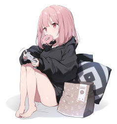 Rule 34 | 1girl, ass, bag, baggy clothes, barefoot, controller, doughnut, feet, food, fujiyama, highres, medium hair, original, paper bag, pillow, pink eyes, pink hair, simple background, solo, sweater, tagme, white background