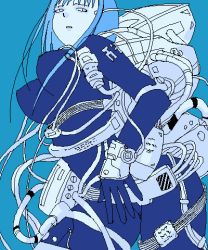 Rule 34 | 1girl, blame!, blue background, blue hair, blue theme, breasts, cibo, large breasts, long hair, lowres, machinery, monochrome, san sakaki, solo, wire