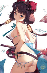 Rule 34 | 1girl, ass, back, bare shoulders, bead bracelet, beads, bikini, blue eyes, blush, bracelet, breasts, fate/grand order, fate (series), floral print, goggles, goggles on head, hair ornament, highres, jewelry, katana, katsushika hokusai (fate), katsushika hokusai (swimsuit saber) (fate), long hair, looking at viewer, looking back, medium breasts, purple hair, sash, seon (seonon ), sidelocks, solo, swimsuit, sword, thigh strap, thighs, weapon, white bikini