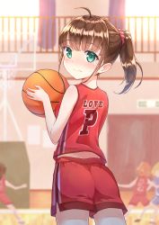 Rule 34 | 4girls, absurdres, ahoge, ass, back, ball, bare arms, basketball, basketball (object), basketball court, basketball hoop, basketball jersey, basketball uniform, blunt bangs, brown hair, closed mouth, commentary, cowboy shot, curtains, from behind, green eyes, gym, hair ornament, hair scrunchie, highres, holding, holding ball, indoors, looking at viewer, looking back, multiple girls, original, ponytail, profnote, railing, red shorts, scrunchie, shorts, sidelocks, solo focus, sportswear, standing, window