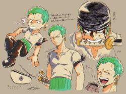 Rule 34 | 1boy, age progression, bandana, blood, blood on face, blush, child, collage, cropped torso, expressions, green hair, highres, male focus, mouth hold, one piece, roronoa zoro, saliva, short hair, smile, sweat, sweatdrop, tomea491, translation request
