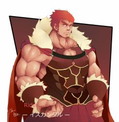 Rule 34 | 1boy, alternate facial hair, armor, bara, bare shoulders, breastplate, cape, cleavage cutout, clenched hand, clothing cutout, facial hair, fate/zero, fate (series), feet out of frame, fur-trimmed cape, fur trim, goatee, iskandar (fate), large pectorals, leather, long sideburns, male focus, mature male, muscular, muscular male, pectoral cleavage, pectorals, red eyes, red hair, short hair, sideburns, sidepec, solo, tengo (maotengo), thick eyebrows, aged down