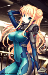 Rule 34 | 1girl, adjusting hair, arm up, armor, blonde hair, bodysuit, breasts, covered erect nipples, double bun, green eyes, himukai kyousuke, large breasts, lilia kjellberg, long hair, muv-luv, muv-luv alternative, non-web source, pilot suit, railing, skin tight, solo, two side up