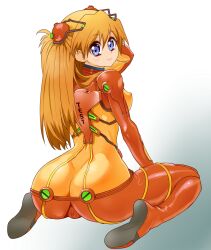 Rule 34 | 1girl, artist request, ass, blue eyes, bodysuit, breasts, brown hair, butt crack, cameltoe, curvy, evangelion: 2.0 you can (not) advance, full body, highres, huge ass, long hair, looking at viewer, looking back, medium breasts, narrow waist, neon genesis evangelion, plugsuit, rebuild of evangelion, red bodysuit, see-through, see-through bodysuit, shiny clothes, shiny skin, sitting, skin tight, smile, solo, souryuu asuka langley, test plugsuit, wide hips