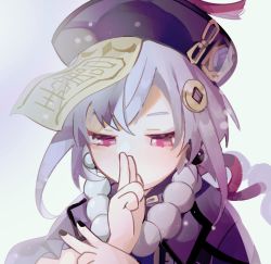 Rule 34 | 1girl, absurdres, bead necklace, beads, black nails, commentary, covered mouth, genshin impact, hands up, hat, highres, jacket, jewelry, long hair, looking down, nail polish, necklace, ofuda, pink eyes, praying, purple hair, purple hat, purple jacket, qingdai guanmao, qiqi (genshin impact), rippajun, solo, upper body