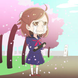 Rule 34 | 1girl, brown hair, cherry blossoms, commentary, crying, diploma, graduation, higuchi (trigger), official art, promotional art, school uniform, serafuku, skirt, solo, tears, tree, trigger (company)