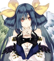 Rule 34 | 1girl, asymmetrical wings, belt, blue hair, breasts, choker, cleavage, collarbone, detached sleeves, dizzy (guilty gear), guilty gear, guilty gear xrd, hair between eyes, hair ribbon, hair rings, long hair, looking at viewer, maka (morphine), monster girl, own hands together, red eyes, ribbon, smile, solo, twintails, wings, yellow ribbon