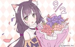 Rule 34 | 1girl, animal ear fluff, animal ears, black hair, bouquet, cat ears, copyright notice, cygames, falling petals, fang, fang out, flower, green eyes, highres, holding, holding bouquet, karyl (princess connect!), low twintails, multicolored hair, official art, petals, pink background, princess connect!, solo, streaked hair, twintails