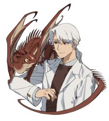 Rule 34 | 1boy, brown vest, closed mouth, dragon, lab coat, long sleeves, male focus, mullmull02, on shoulder, original, ponytail, red eyes, shirt, simple background, smile, vest, white background, white hair, white shirt