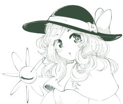 Rule 34 | 1girl, :o, blouse, blush, capelet, chefhart, commentary, drill hair, drill sidelocks, english commentary, eyes visible through hair, greyscale, hat, hat ribbon, heart, highres, komeiji koishi, looking at viewer, medium hair, monochrome, open mouth, parted bangs, ribbon, shirt, sidelocks, solo, third eye, touhou, upper body, wavy hair