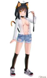 Rule 34 | 1girl, :3, absurdres, ahoge, animal ear fluff, animal ears, bad id, bad pixiv id, bell, bintz, black hair, black socks, blue eyes, breasts, breasts apart, buttons, cat ears, cat girl, cat tail, closed mouth, collar, collarbone, collared shirt, cutoffs, denim, denim shorts, fang, full body, hand up, heterochromia, highres, jingle bell, kneehighs, leash, leash pull, long hair, long sleeves, looking at viewer, medium breasts, navel, no bra, open clothes, open shirt, original, shirt, shirt tucked in, shoes, short shorts, shorts, signature, simple background, sneakers, socks, solo, standing, stomach, tail, thick eyebrows, thighs, torn clothes, torn shorts, twintails, white background, white shirt, yellow eyes
