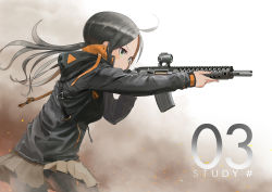 Rule 34 | 1girl, ahoge, aiming, assault rifle, autism wanderer, bad id, bad pixiv id, black hair, commentary, dust, english commentary, green eyes, gun, highres, holding, holding gun, holding weapon, jacket, original, ponytail, rifle, solo, weapon