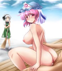 Rule 34 | 1boy, 2girls, arched back, arm support, ass, bad id, bad pixiv id, blue eyes, blush, blush stickers, breasts, broom, cum, cum in pussy, curvy, day, duplicate, girl on top, happy, happy sex, hat, hetero, konpaku youmu, large breasts, multiple girls, nipples, nude, outdoors, penis, pink hair, red eyes, reverse cowgirl position, revision, saigyouji yuyuko, sex, sex from behind, shin&#039;en (gyokuro company), short hair, sideboob, sitting, sitting on person, smile, socks, squatting, straddling, sweat, touhou, vaginal, walk-in, watching, white hair