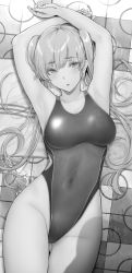 Rule 34 | 1girl, absurdres, armpits, arms up, breasts, commentary, commentary request, competition swimsuit, covered navel, cowboy shot, gentsuki, greyscale, highleg, highleg swimsuit, highres, kimi omou koi, kuroe (kimi omou koi), large breasts, long hair, looking at viewer, lying, monochrome, on back, one-piece swimsuit, parted lips, solo, swimsuit, thighs, twintails