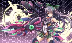 Rule 34 | 1girl, alternate costume, alternate weapon, arm cannon, armpits, bare shoulders, black hair, bodysuit, bow, elbow gloves, energy cannon, gloves, hair bow, honeycomb background, honeycomb pattern, long hair, mecha musume, metal gloves, neon trim, red eyes, reiuji utsuho, solo, sumapan, thighhighs, touhou, very long hair, weapon, zettai ryouiki