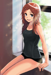 Rule 34 | 1girl, :d, bad id, bad pixiv id, blue eyes, blush, brown hair, fang, light rays, long hair, looking at viewer, mozuk, open mouth, original, sitting, smile, solo, sunbeam, sunlight, window, windowsill
