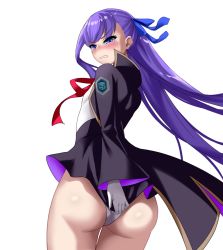 Rule 34 | 10s, 1girl, angry, ass, bb (fate), bb (fate) (cosplay), bb (fate/extra), black cape, blue eyes, blush, breasts, cape, clenched teeth, cosplay, covering privates, covering ass, fate/extra, fate/extra ccc, fate/grand order, fate (series), from behind, gloves, hair ribbon, high collar, highres, kairopoda, leotard, long hair, looking at viewer, looking back, looking down, meltryllis (fate), panties, purple hair, ribbon, shiny skin, skirt, skirt tug, small breasts, solo, tears, teeth, underwear, very long hair, wavy mouth