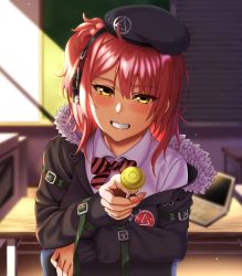 Rule 34 | 1girl, beret, black jacket, blush, bow, bowtie, candy, food, fur-trimmed jacket, fur trim, girls&#039; frontline, hat, headphones, highres, holding, holding candy, holding food, holding lollipop, jacket, lollipop, long hair, looking at viewer, mp7 (girls&#039; frontline), nail polish, open mouth, ouga (user ctzw2237), parted lips, pink nails, red hair, shirt, simple background, sitting, smile, solo, table, teeth, upper body, white shirt, yellow eyes