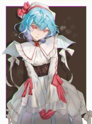 Rule 34 | 1girl, alternate costume, b-y-z-c, bat wings, black choker, blue hair, bow, chinese commentary, choker, closed mouth, collared dress, commentary request, cowboy shot, dress, frilled shirt collar, frills, gem, gloves, hat, hat bow, highres, lips, long sleeves, looking at viewer, own hands together, red bow, red eyes, red gemstone, red gloves, remilia scarlet, short hair, smile, solo, touhou, white bow, white dress, white hat, white wings, wide sleeves, wings