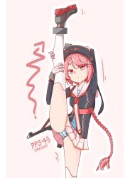 Rule 34 | 1girl, absurdres, appetizer (gray), boots, braid, character name, commentary request, expressionless, girls&#039; frontline, gloves, gun, gun sling, hair ornament, hairclip, hat, highres, long hair, panties, pink background, pink eyes, pink hair, pleated skirt, pps-43, pps-43 (girls&#039; frontline), sailor collar, shirt, simple background, skirt, solo, split, standing, standing on one leg, standing split, striped clothes, striped panties, striped shirt, submachine gun, underwear, very long hair, weapon