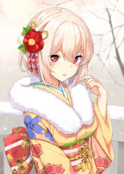 Rule 34 | 1girl, alternate costume, azur lane, blush, breasts, commentary request, fur trim, hair between eyes, hair ornament, highres, japanese clothes, large breasts, looking at viewer, new year, red eyes, short hair, sirius (azur lane), solo, takayaki, white hair, winter