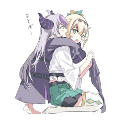 Rule 34 | 2girls, blonde hair, coat, commentary, green eyes, green skirt, hana mori, height difference, highres, hololive, horns, kazama iroha, la+ darknesss, leaf, leaf on head, multicolored hair, multiple girls, open mouth, pointy ears, purple coat, purple hair, seiza, shirt, silver hair, sitting, skirt, sleeves past fingers, sleeves past wrists, streaked hair, thighhighs, virtual youtuber, white legwear, white shirt