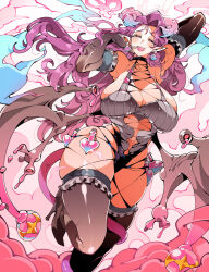 1girl arm_behind_head arms_up breasts cleavage elbow_gloves finger_to_mouth frilled_thighhighs frills gloves gradient_hair high_heels horns kafun large_breasts looking_at_viewer multicolored_hair navel original pink_eyes pink_lips pointy_ears purple_hair solo tagme tail tail_around_own_leg thighhighs